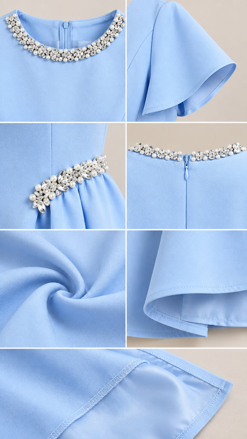 Detailed close-up collage of beaded neckline, waist embellishment, flutter sleeve, and hemline