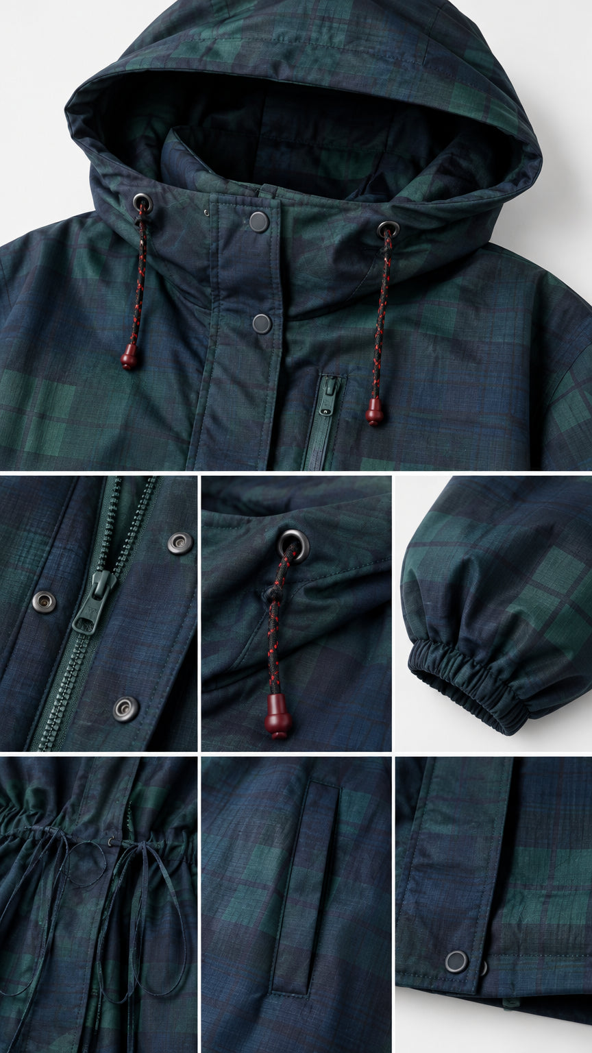 Close-up detail shots of hood, zipper placket, toggle cord, elastic cuff, and pockets on plaid jacket