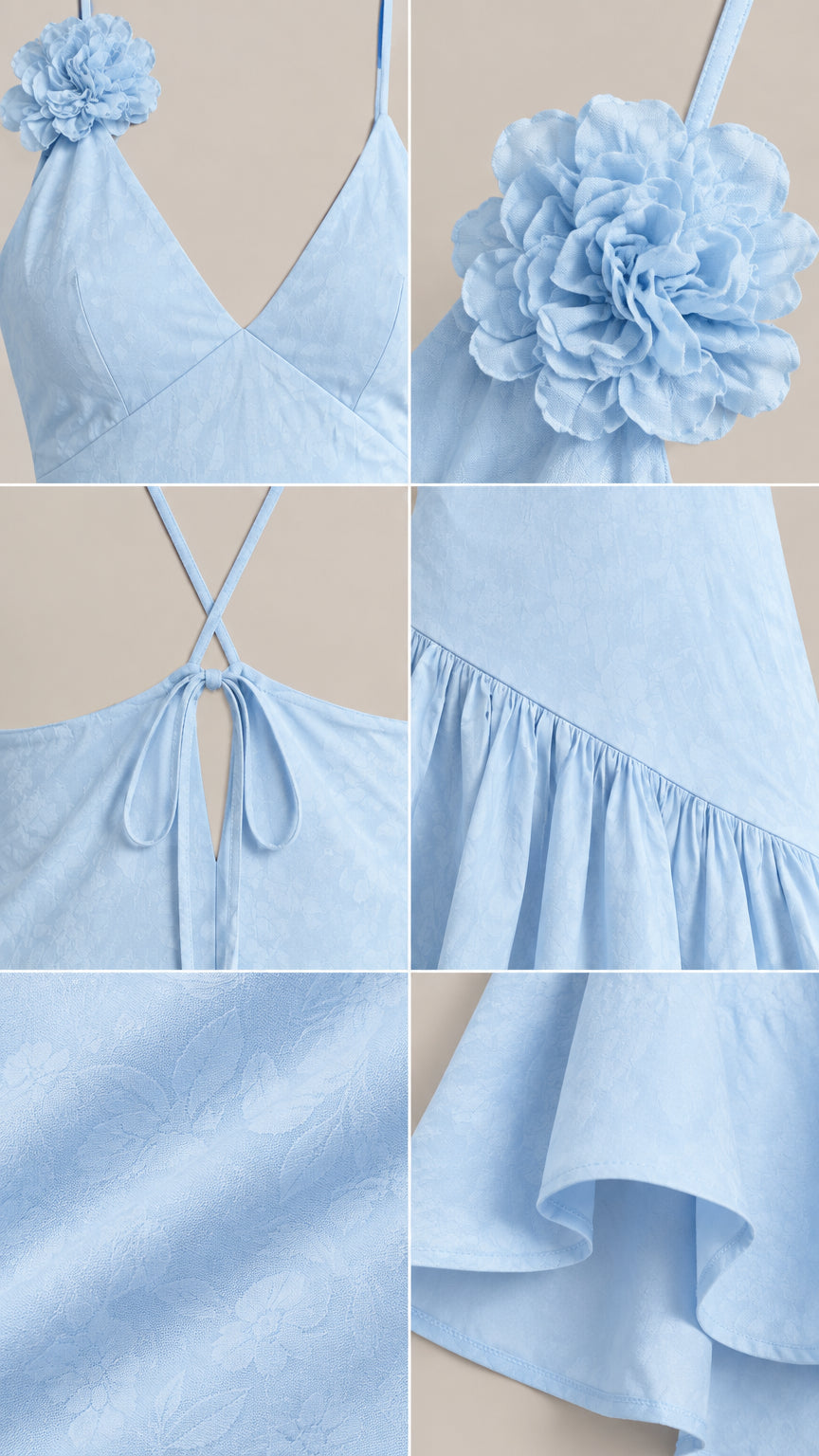 Close-up details of neckline, floral corsage, tie back, and textured ruffle fabric