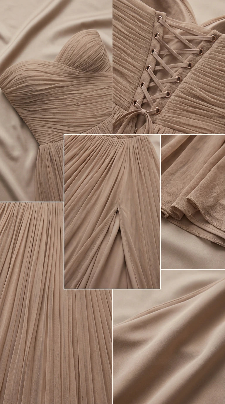 Detailed close-ups of pleated bodice, corset back, draped slit, and lining fabric