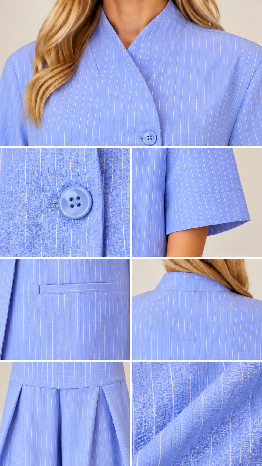 Close-up details of asymmetric collar button closure welt pockets and pleats in light blue pinstripe