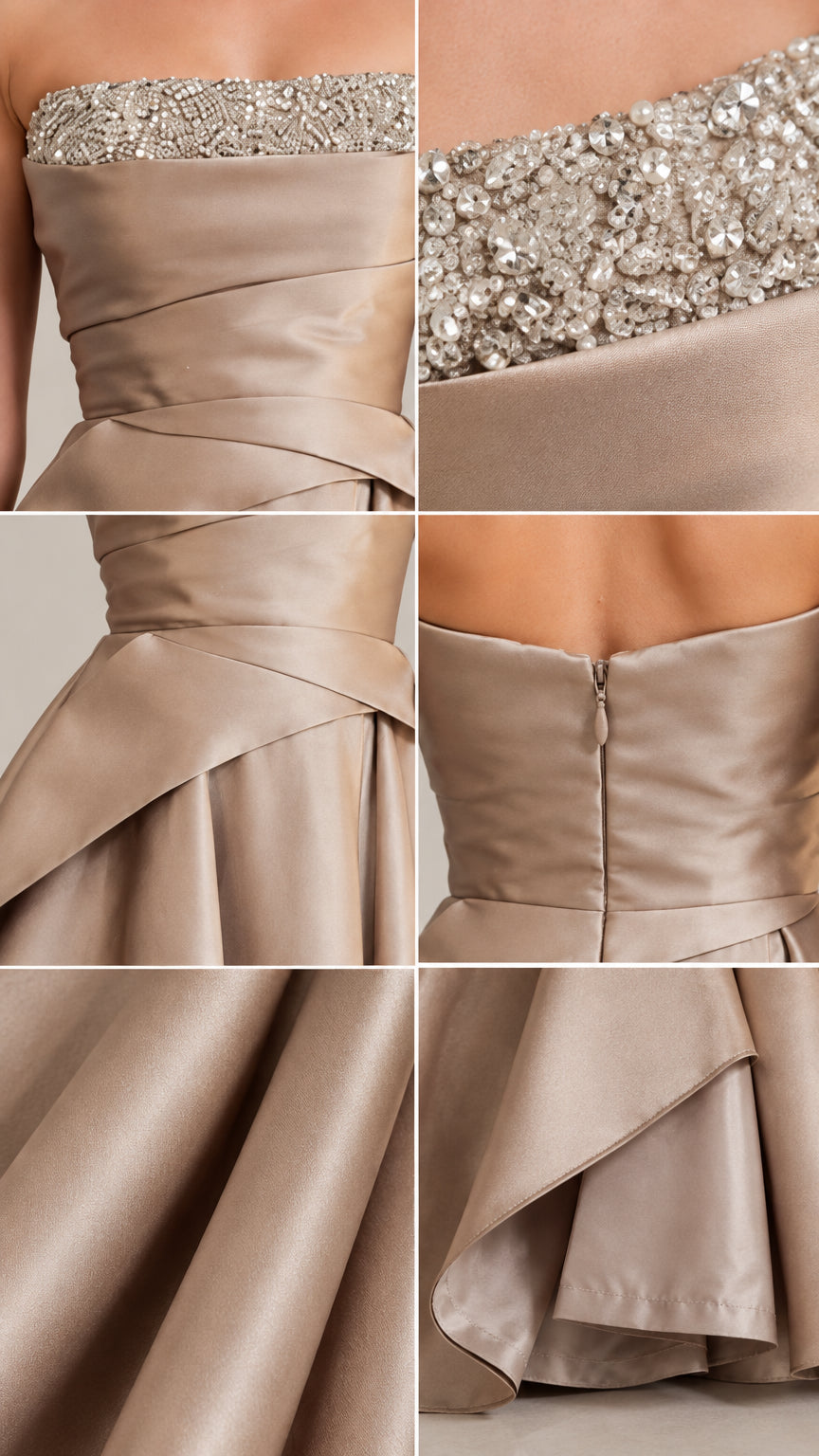 Detailed close-up of beaded neckline, waist drape, and back zipper