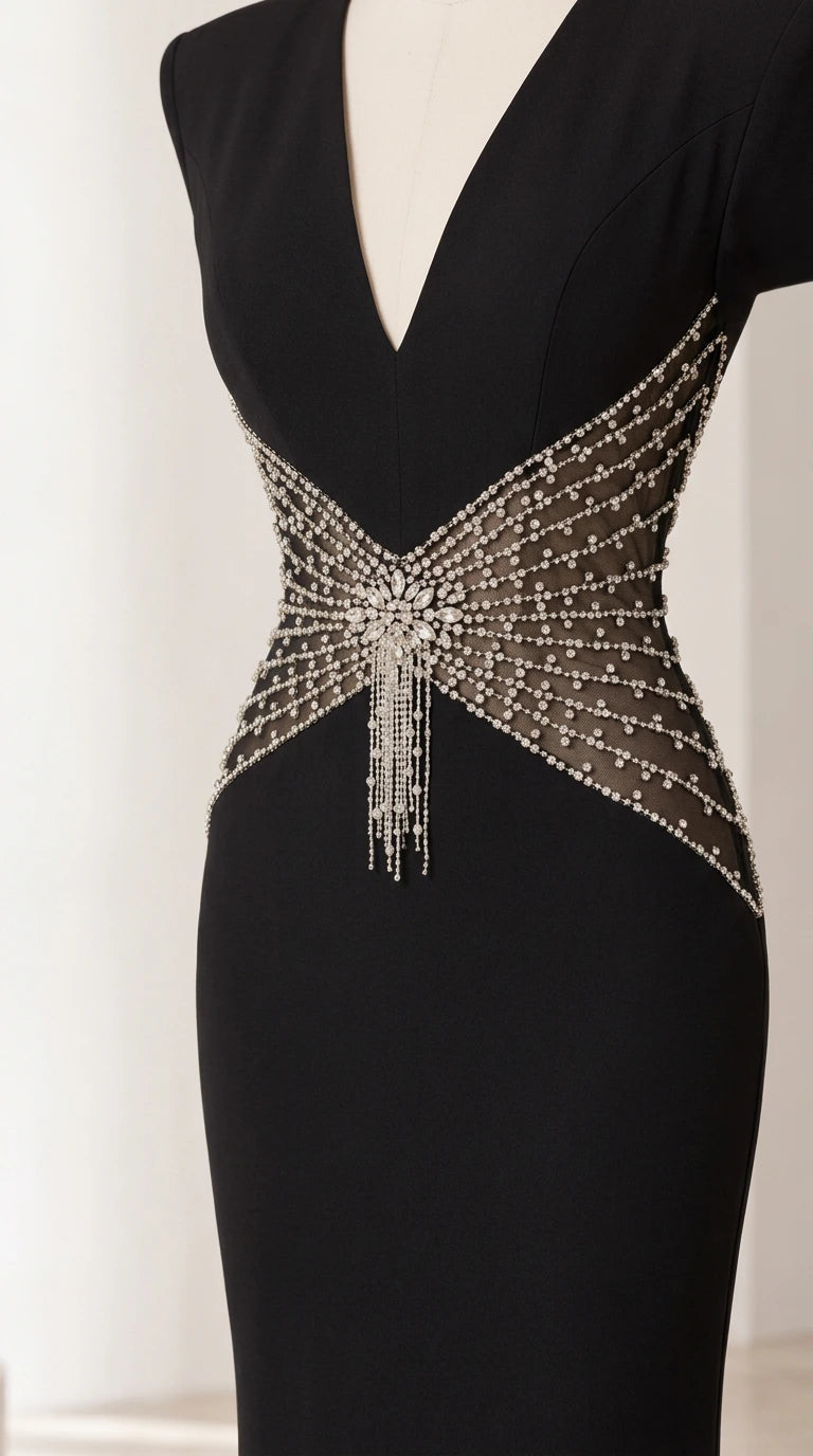 Close-up of deep V-neckline and intricate rhinestone waist embellishment with beaded fringe