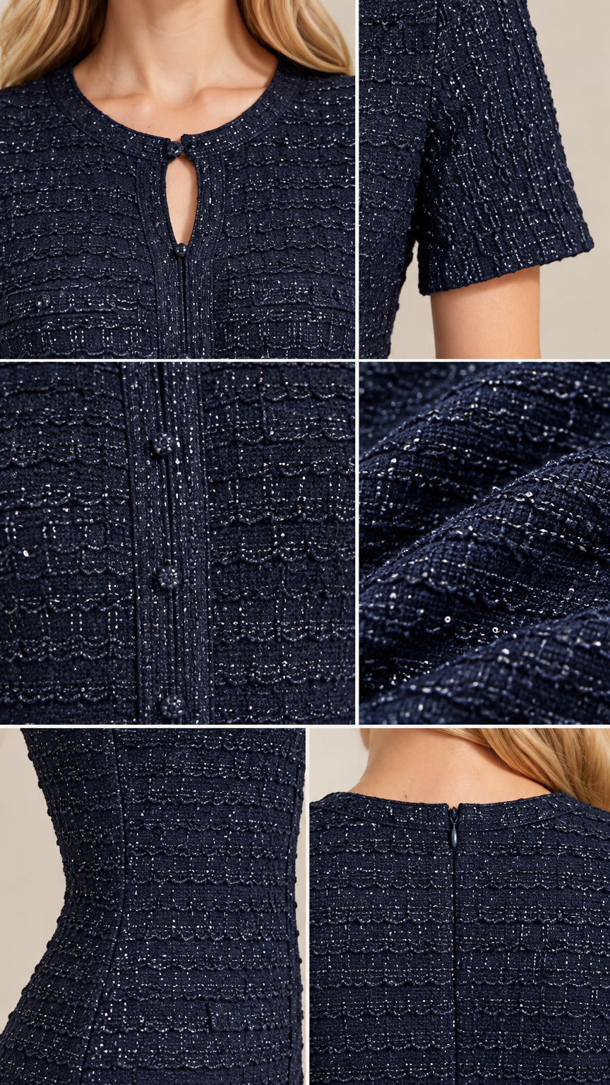 Close-Up Details of Keyhole Neckline, Textured Weave, and Button Trim