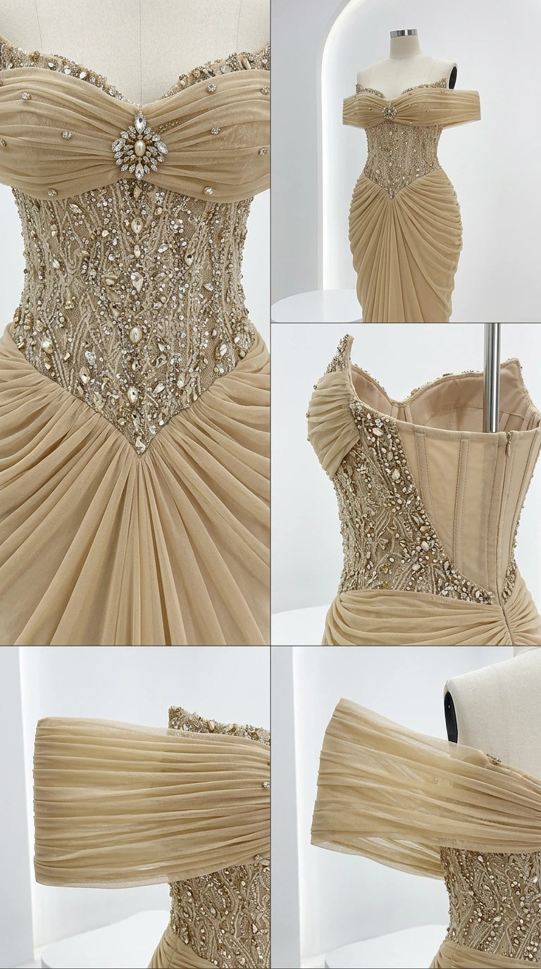 Close-up craftsmanship details of beaded corset bodice and pleated sleeve