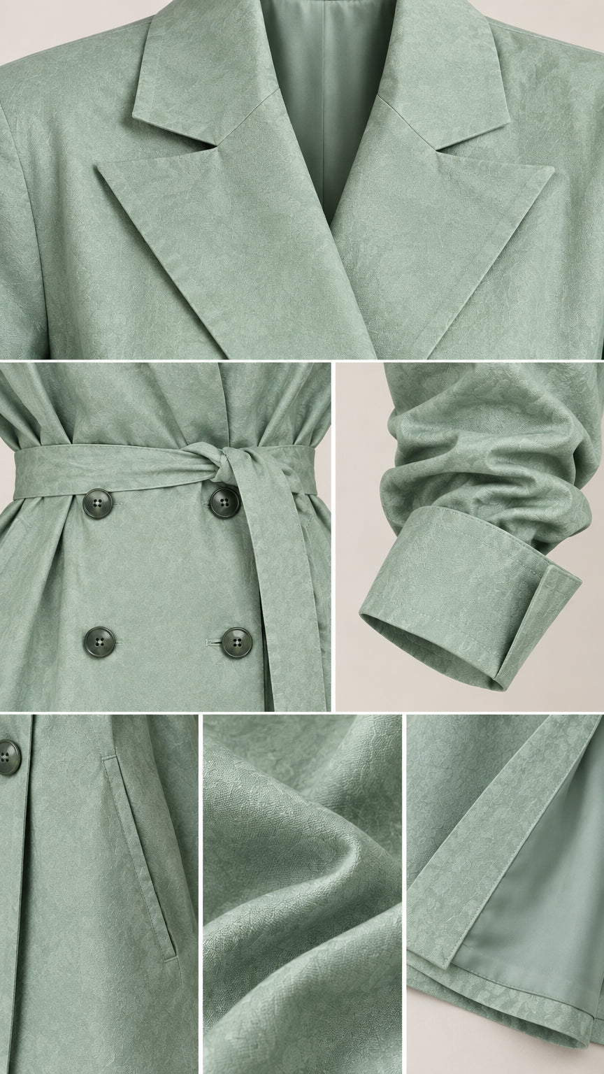 Close-up details of sage green blazer collar, double-breasted buttons, belt, and fabric texture