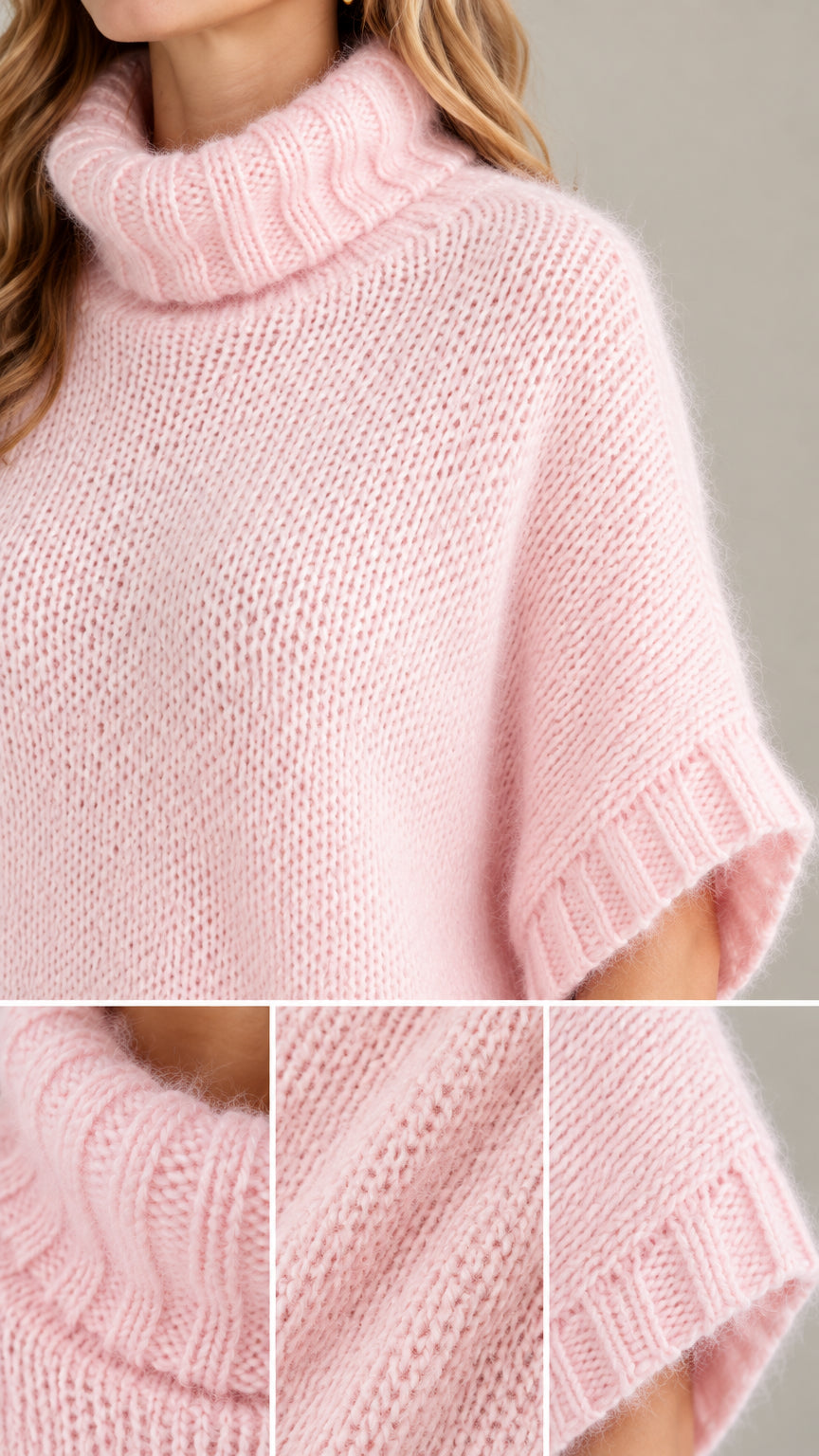 Close-up detail of textured fuzzy knit and ribbed turtleneck collar in Light Pink