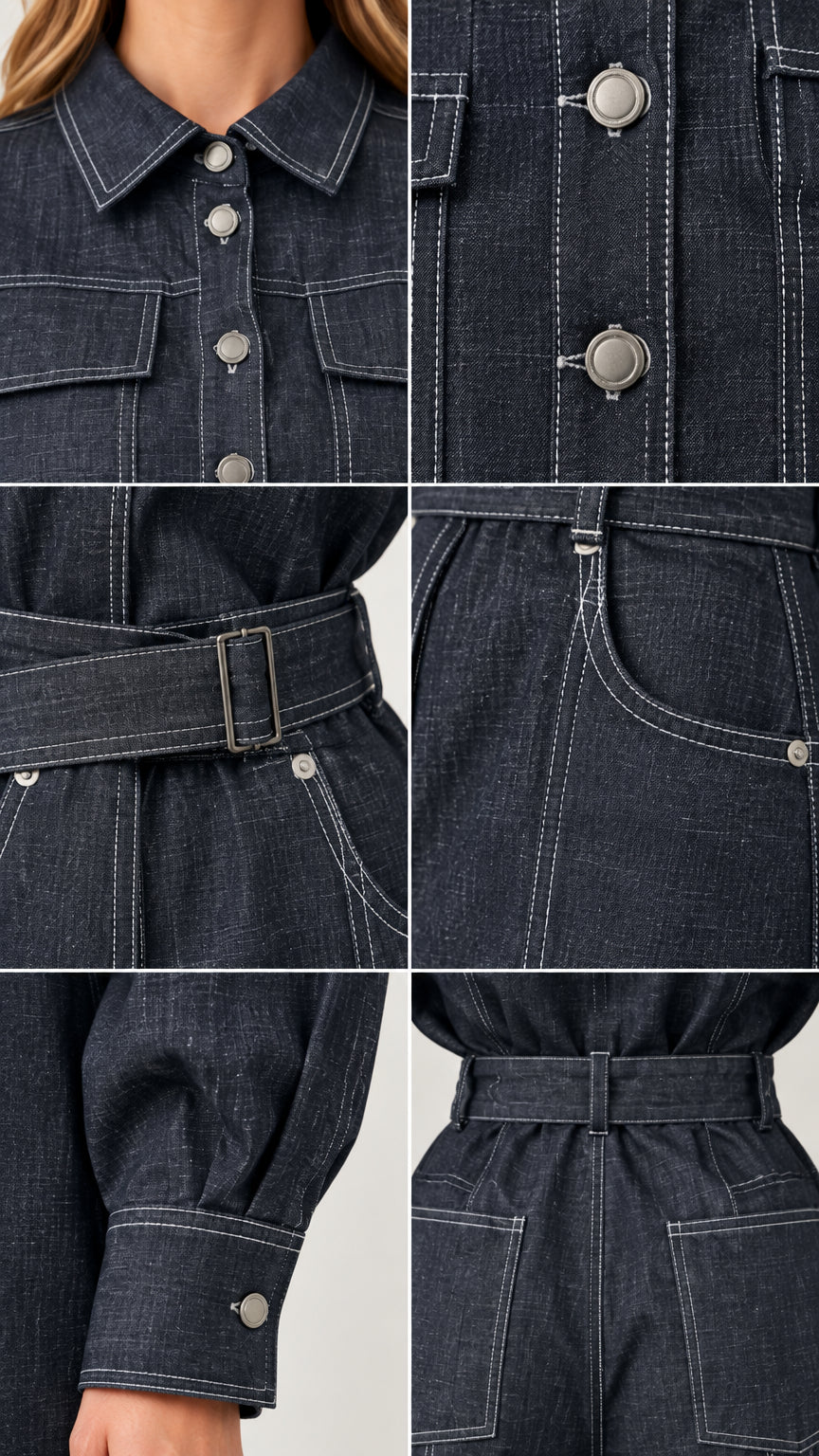 Close-up details of dark blue denim jumpsuit showing metallic buttons, collar, belt buckle, and contrast topstitching