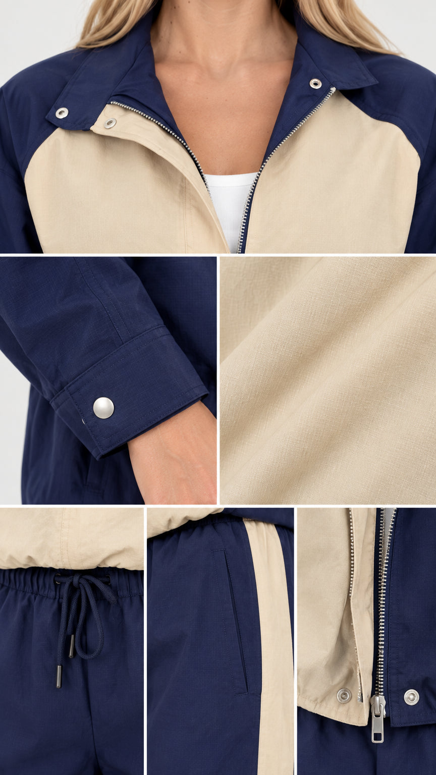 Detailed close-up collage of collar, snap cuffs, drawstring waist, pocket, and zipper