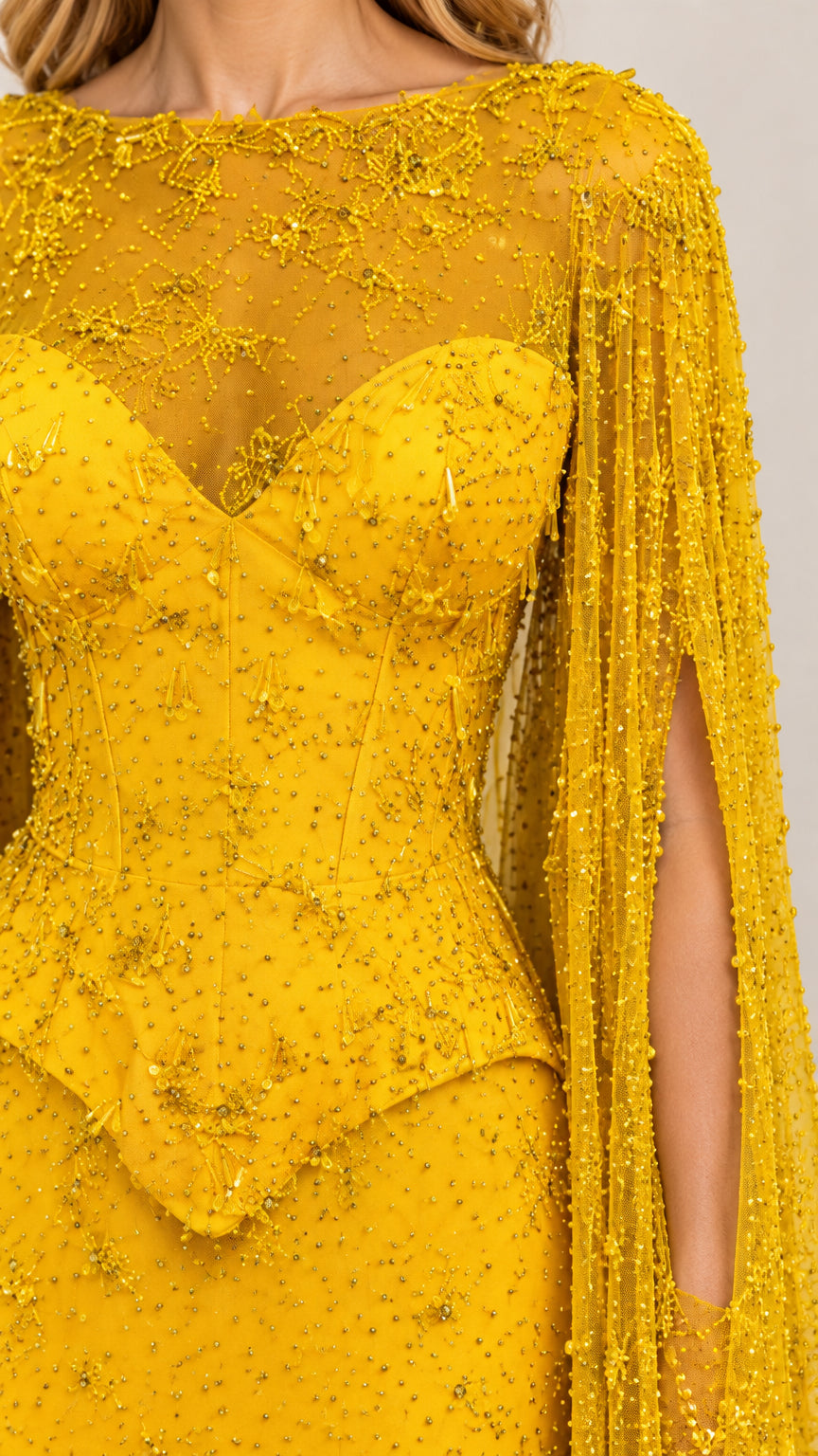 Close-up detail of Mustard Yellow illusion neckline and intricate beadwork