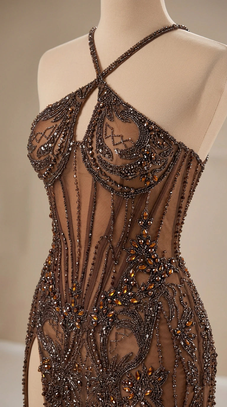 Close-up of mannequin showing intricate beading and sheer corset boning detail