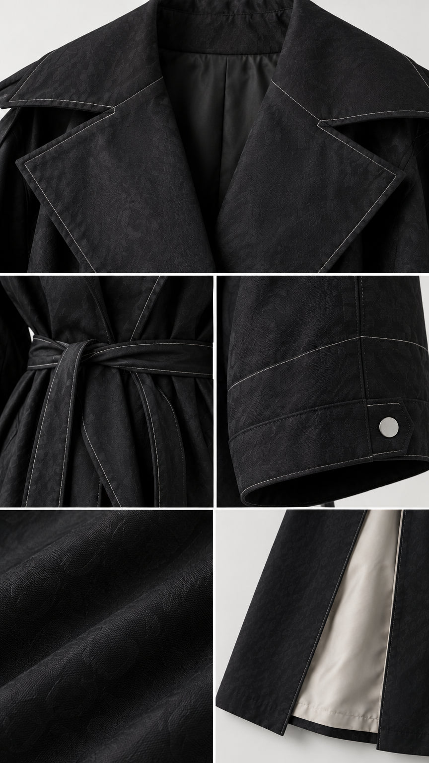 Close-up details of oversized collar, fabric texture, sleeve cuff, and lining on black trench coat