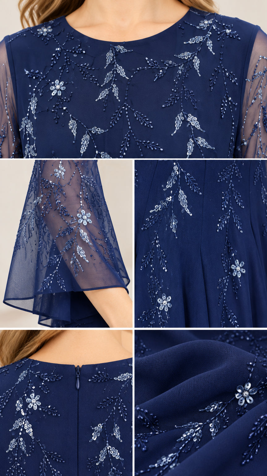 Detailed collage showing sequin beading, sheer cuff, zip closure, and chiffon fabric