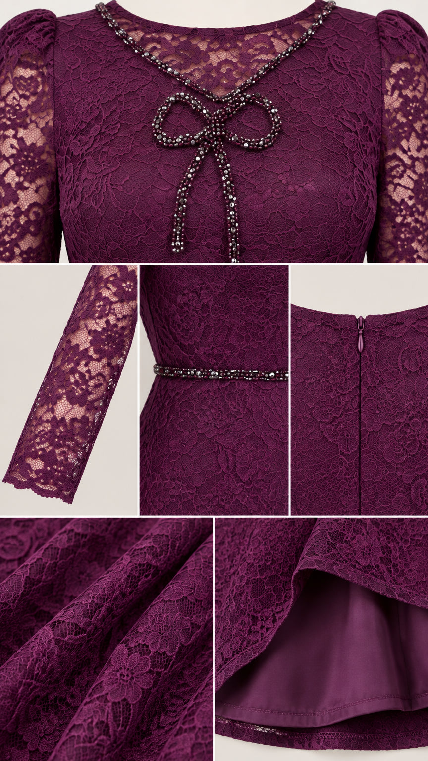 Close-up detail collage of rhinestone bow neckline, sheer lace sleeve, waist trim, and fabric lining