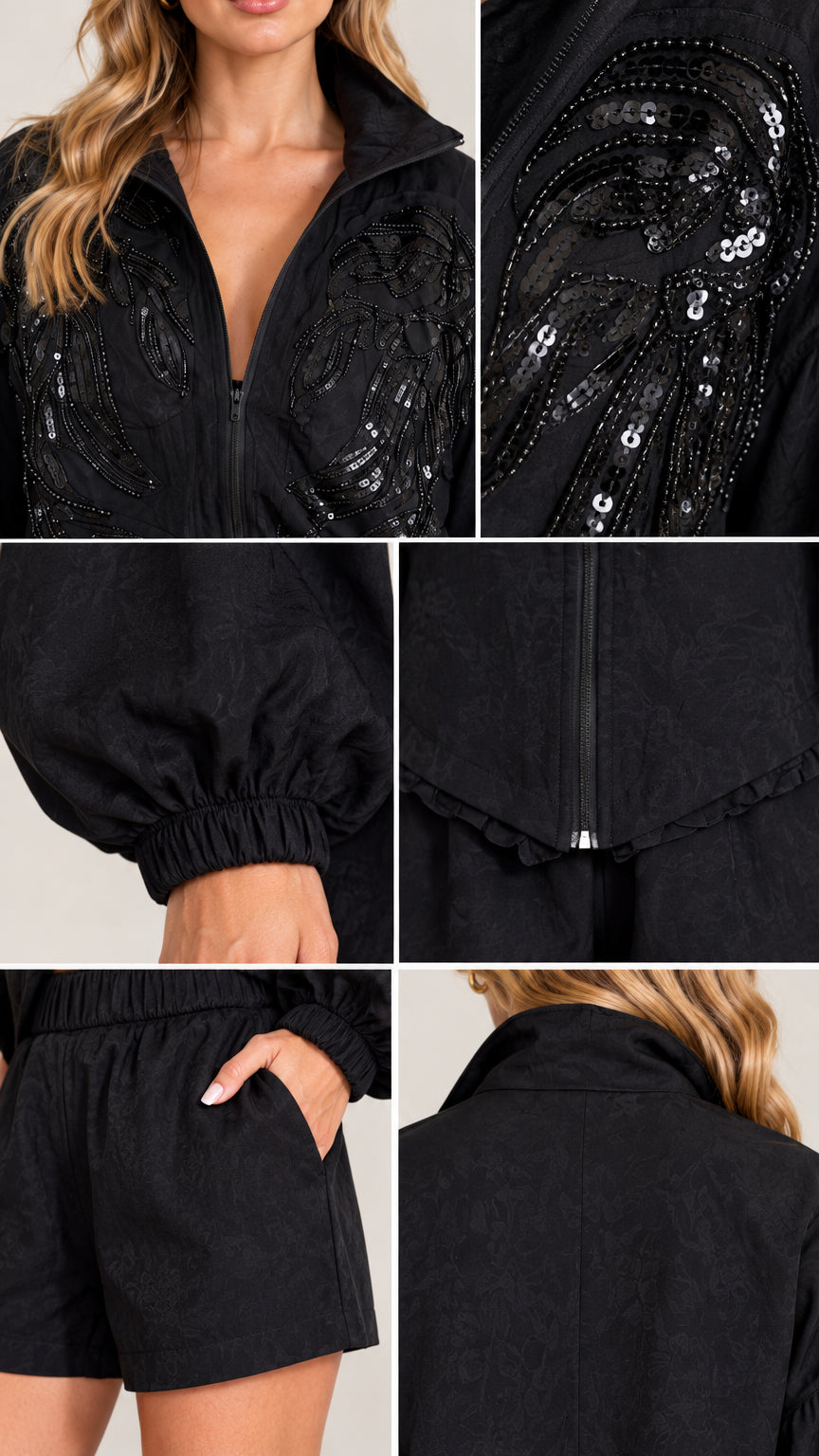 Detailed close-up collage of sequin embroidery, elastic cuff, zip hem, and pocket