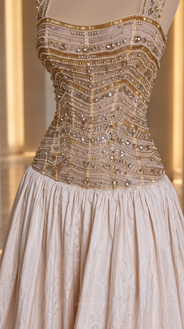 Close-up detail of intricate beadwork and sequins on corset bodice