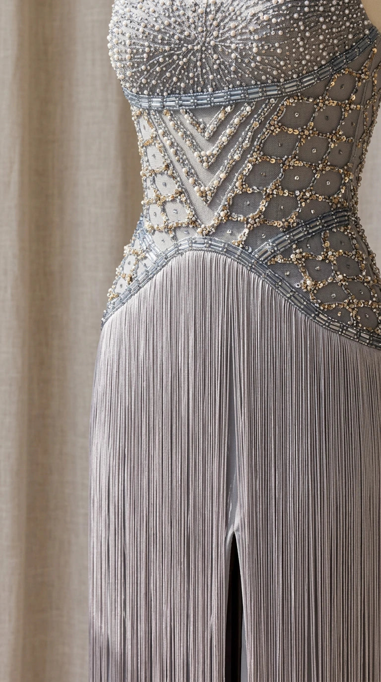Close-up detail of geometric beadwork, pearl embellishments, and fringe waistline