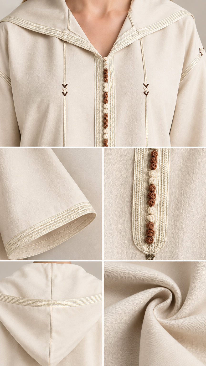 Close-up details of braided front trim, sleeve hem stitching, and textured fabric