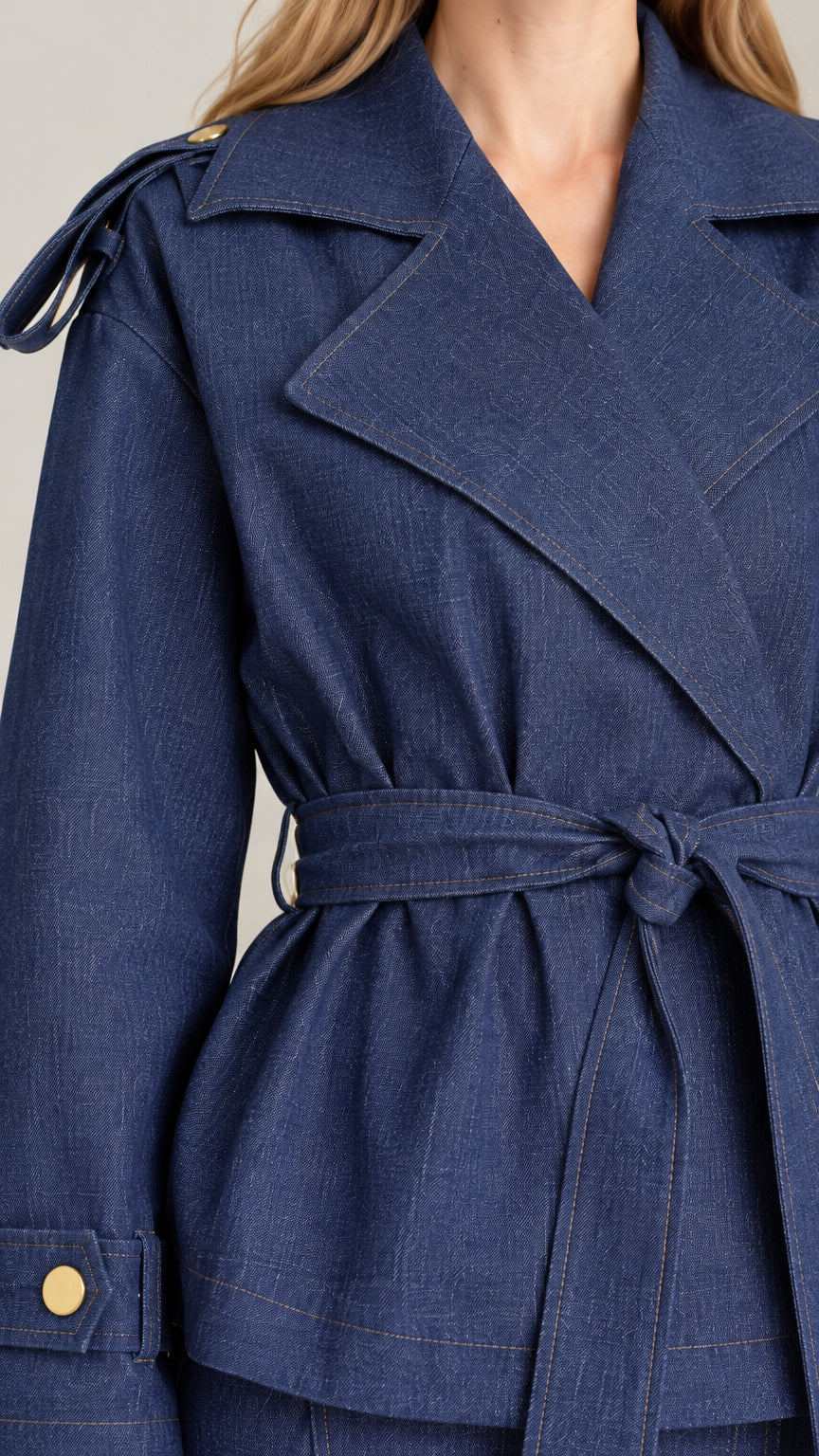 Close-up detail of denim blue notched lapel jacket with waist belt and shoulder strap accents