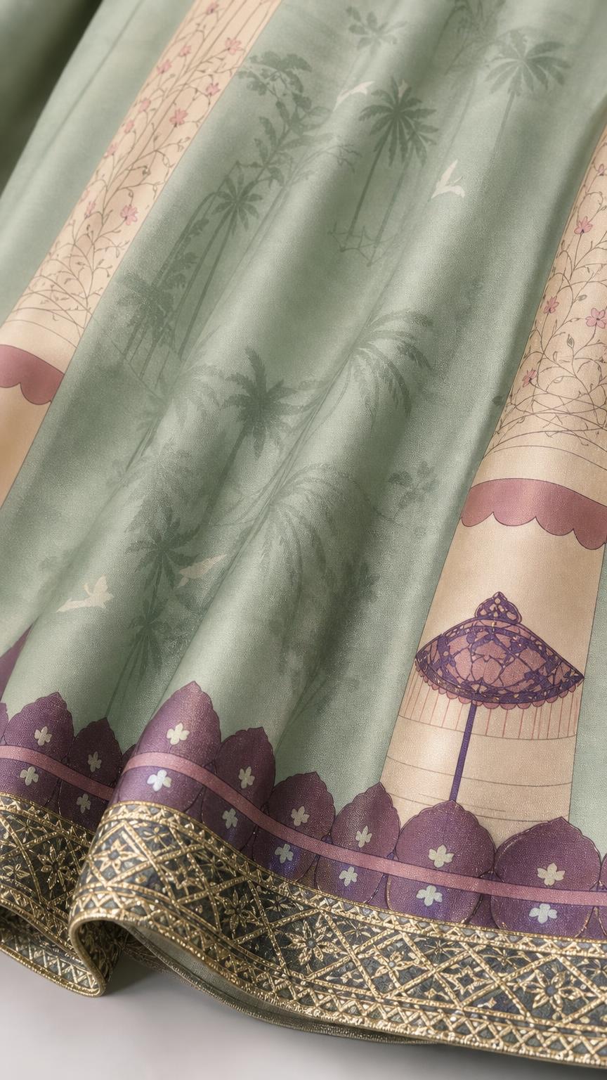 Close-up detail of sage green fabric texture and ornate border print