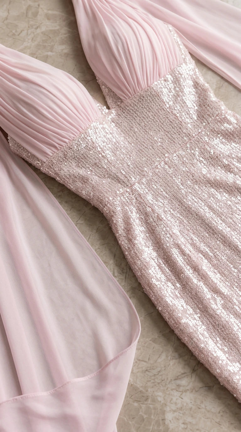 Close-up detail of pleated chiffon bust and sparkling sequin fabric in blush pink