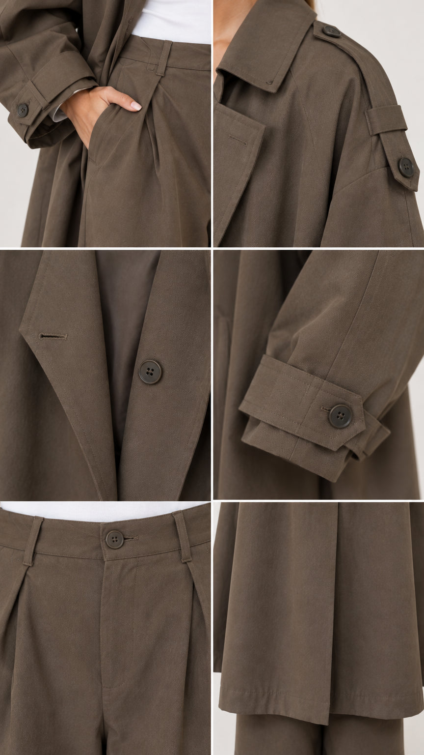 Close-up details of trench coat buttons, shoulder epaulets, cuff straps, and trouser pocket
