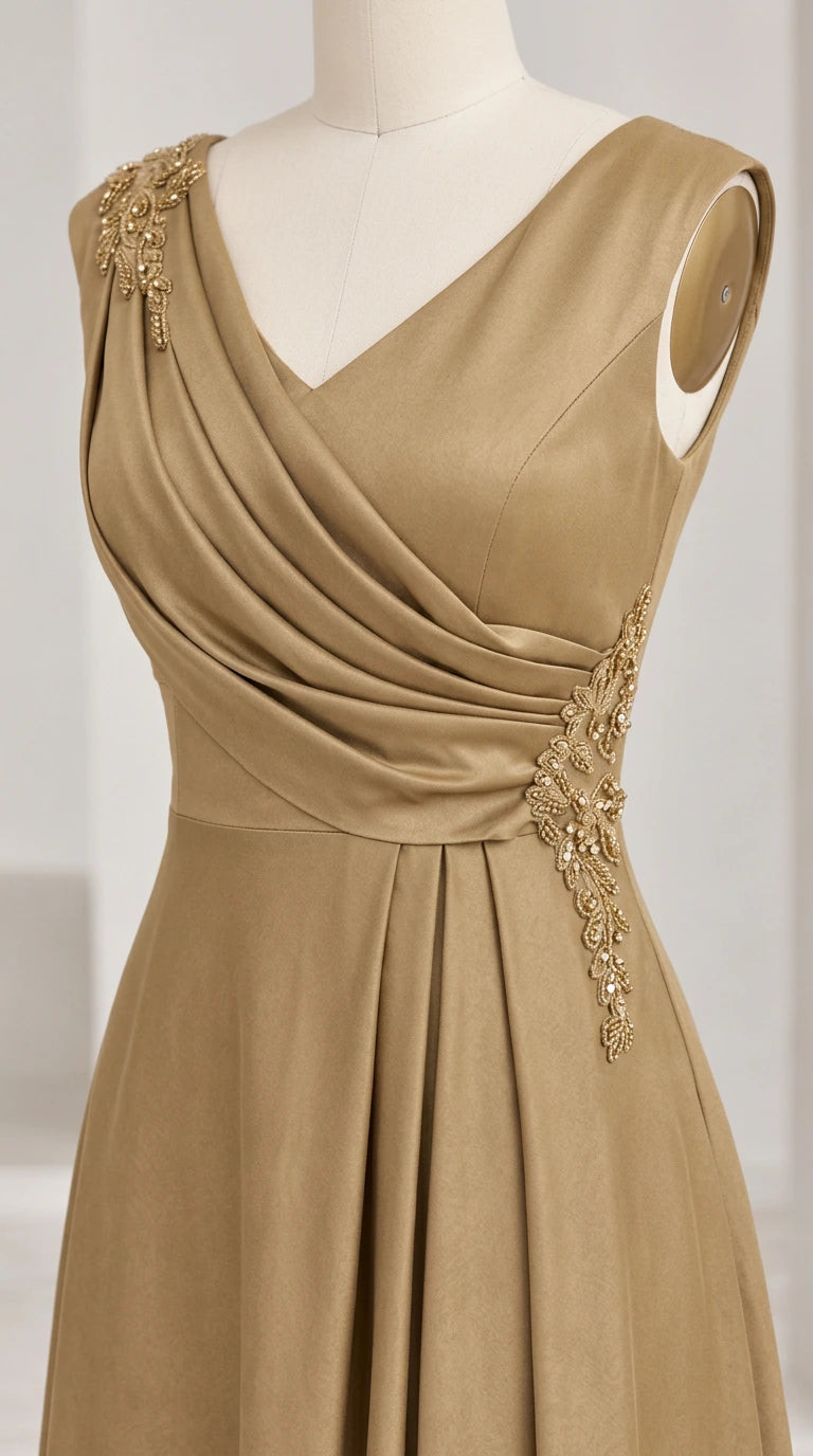Close-up of gold gown bodice showing diagonal ruching and beaded applique details