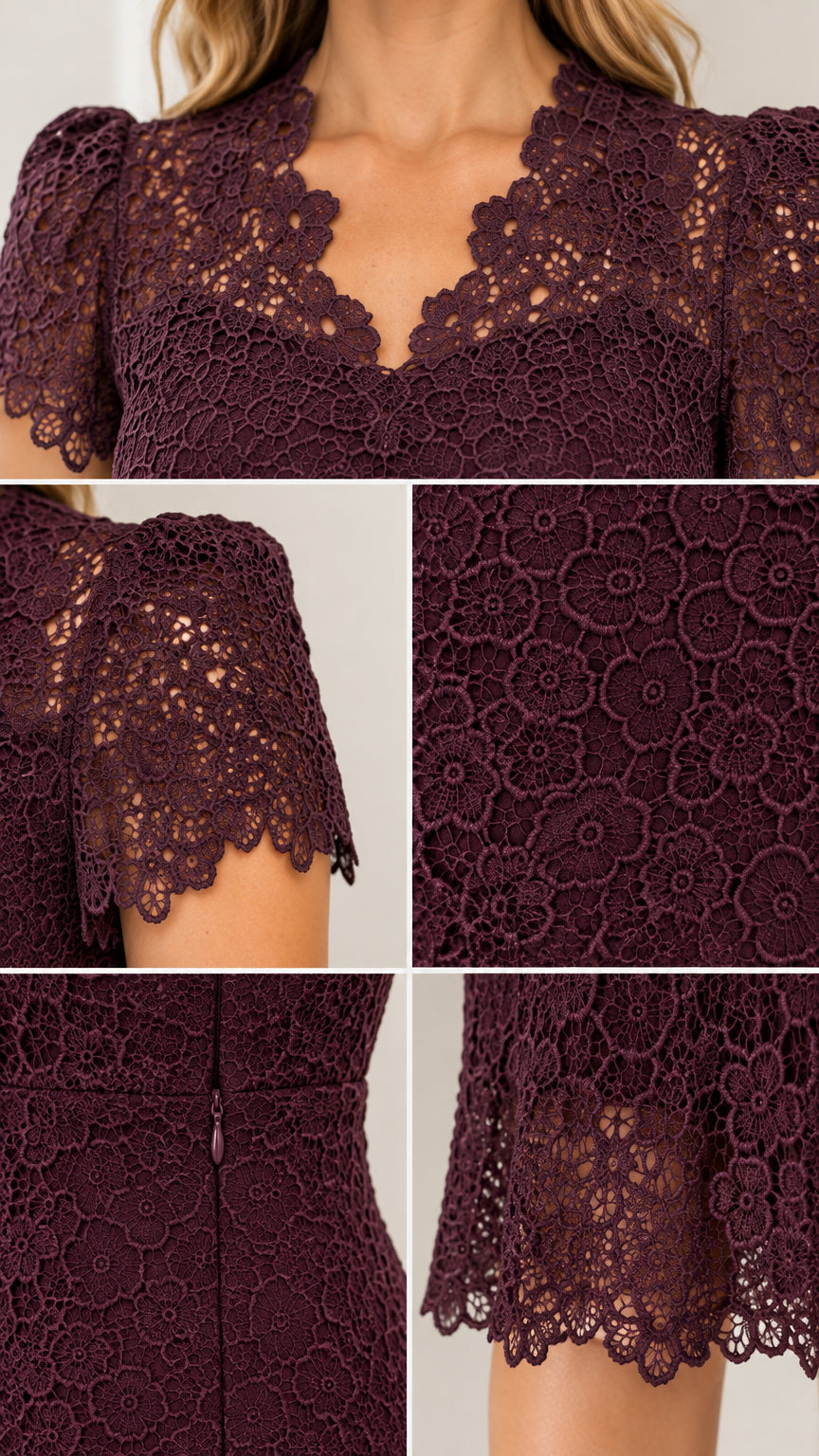 Detailed close-up of scalloped neckline, lace sleeves, and concealed zipper