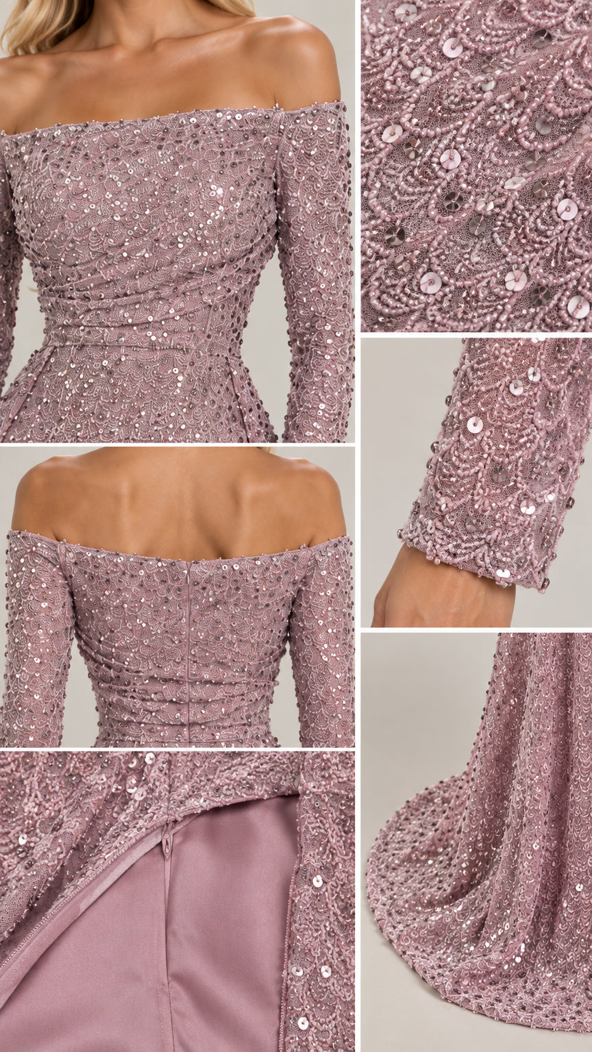 Close-up details of sequin embroidery, off-the-shoulder neckline, sleeve cuff, and zipper lining