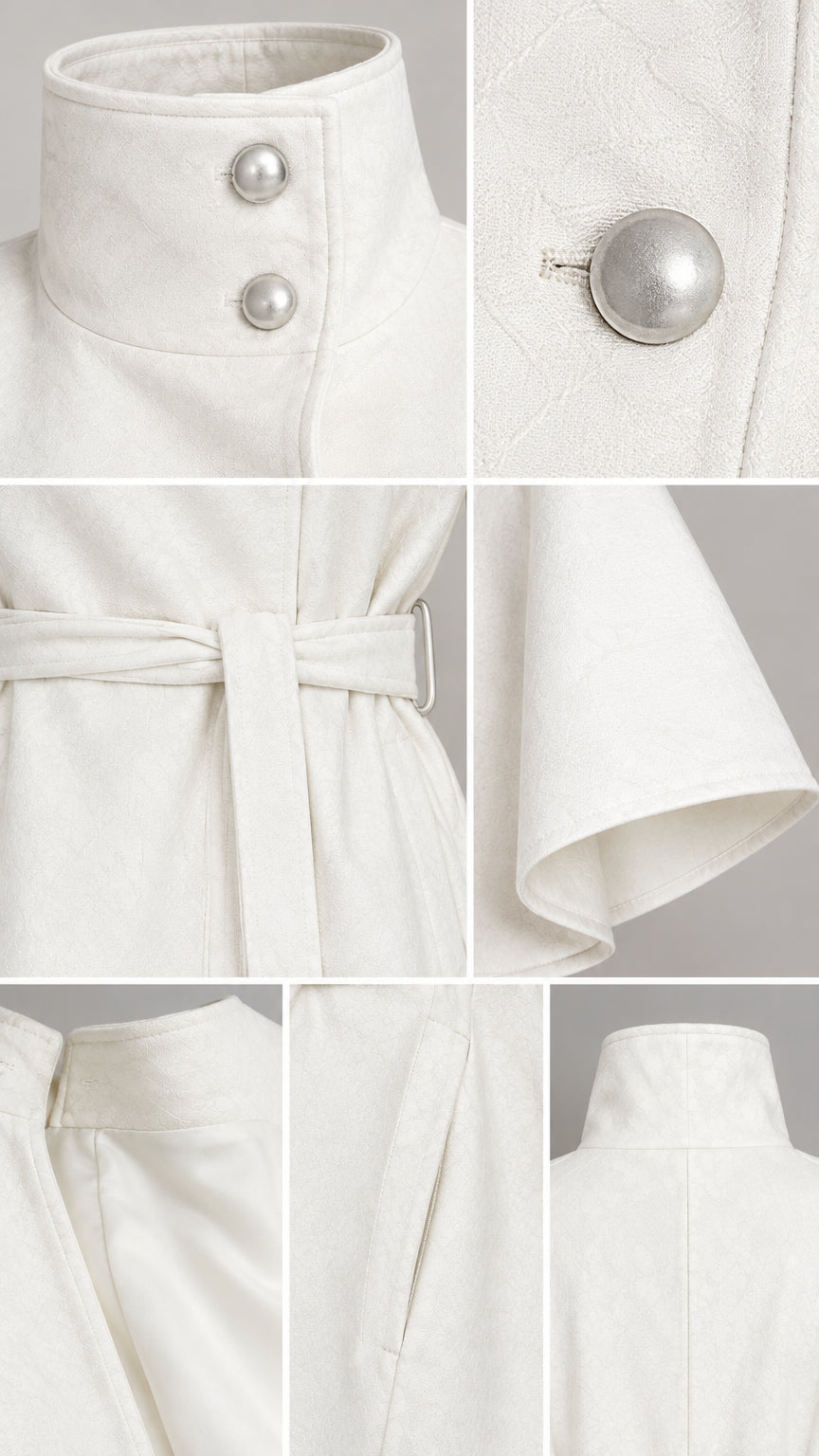 Close up detailed collage of white cape coat showing stand collar buttons, belt, and seams