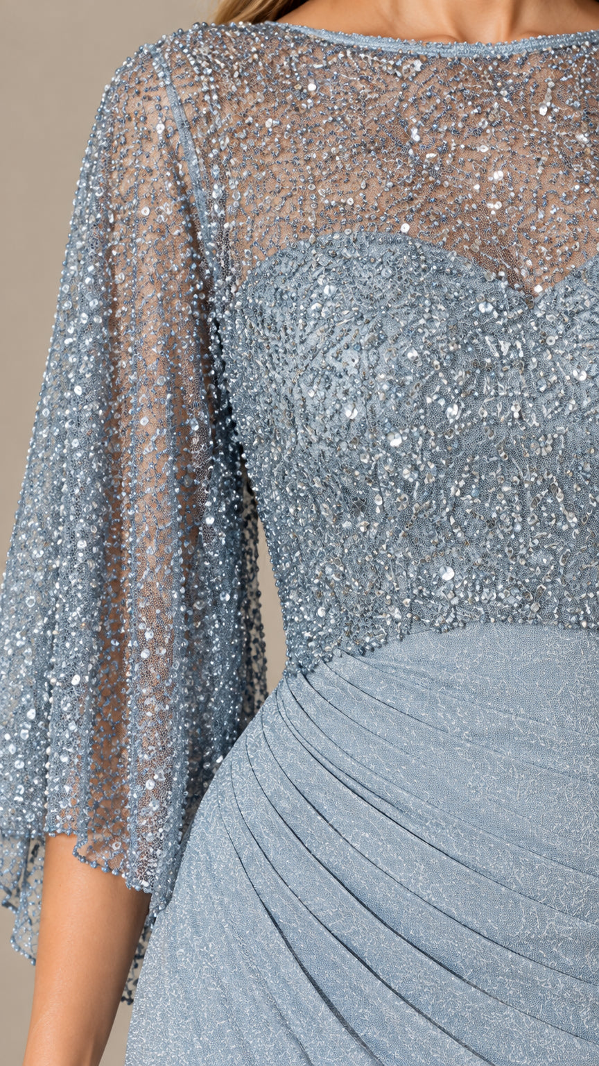 Close-up detail of sheer sequined illusion bodice and waist ruching on dusty blue dress