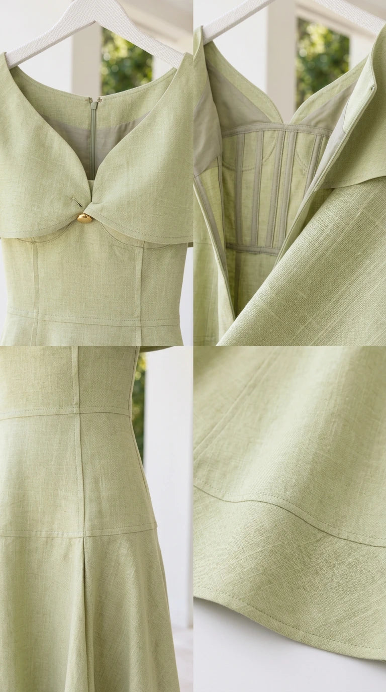 Detailed close-up of bodice construction, seams, and textured fabric