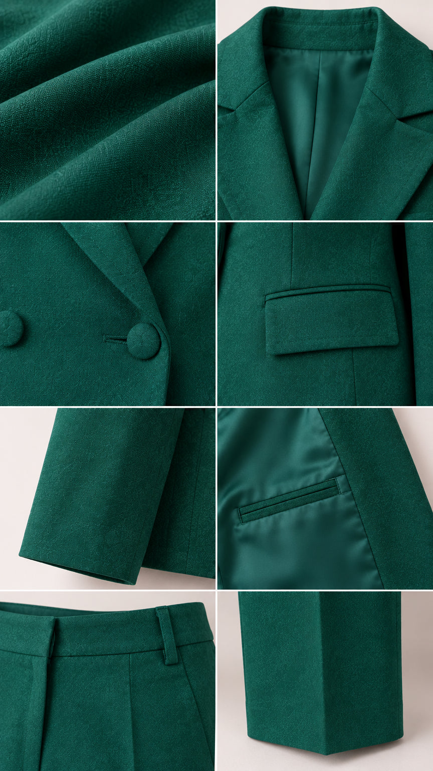 Detailed close-ups of lapel, buttons, pocket, and fabric texture of emerald green suit