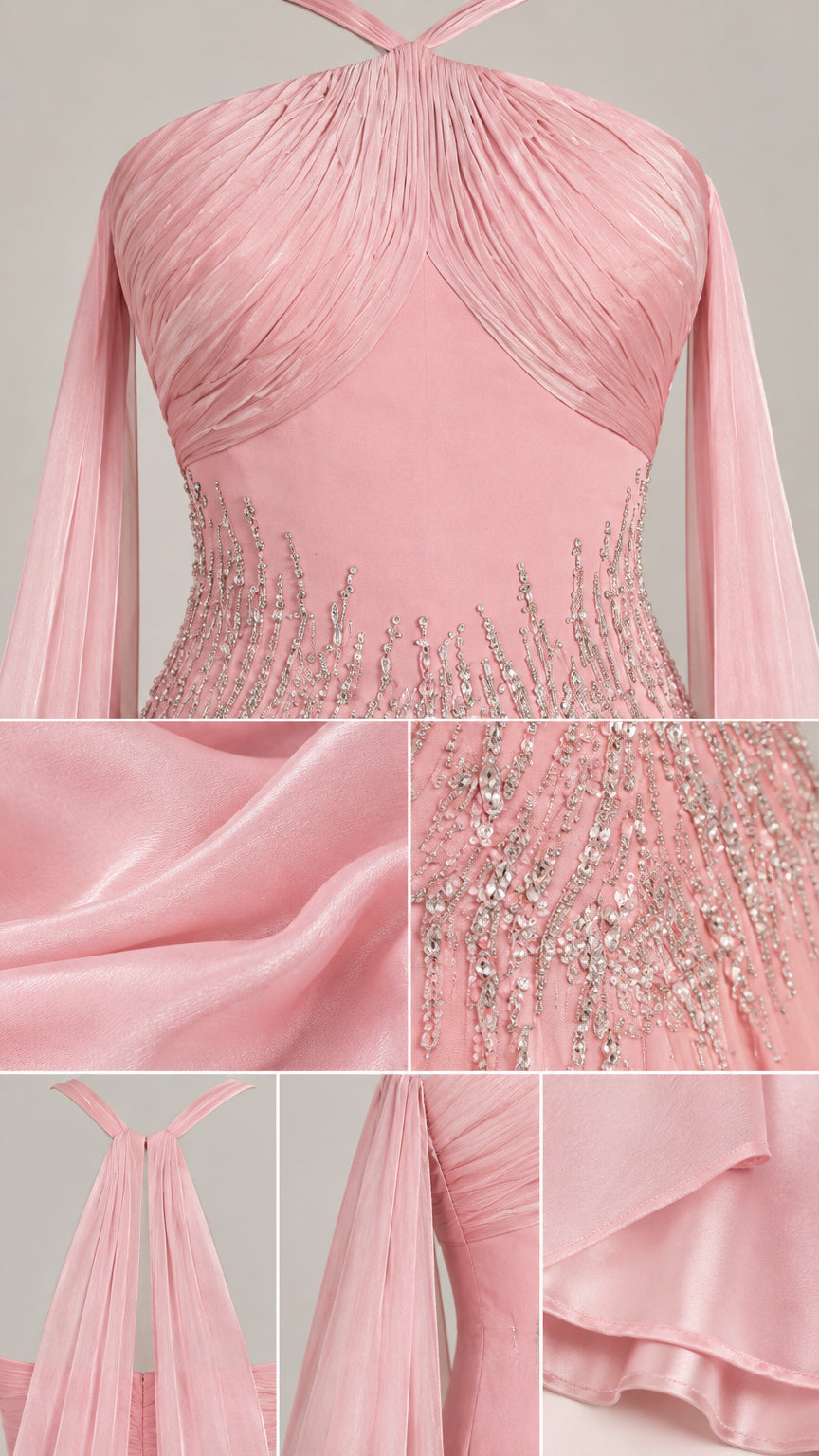 Close-up details of pleated halter neckline, beaded waistband, and sheer chiffon fabric texture
