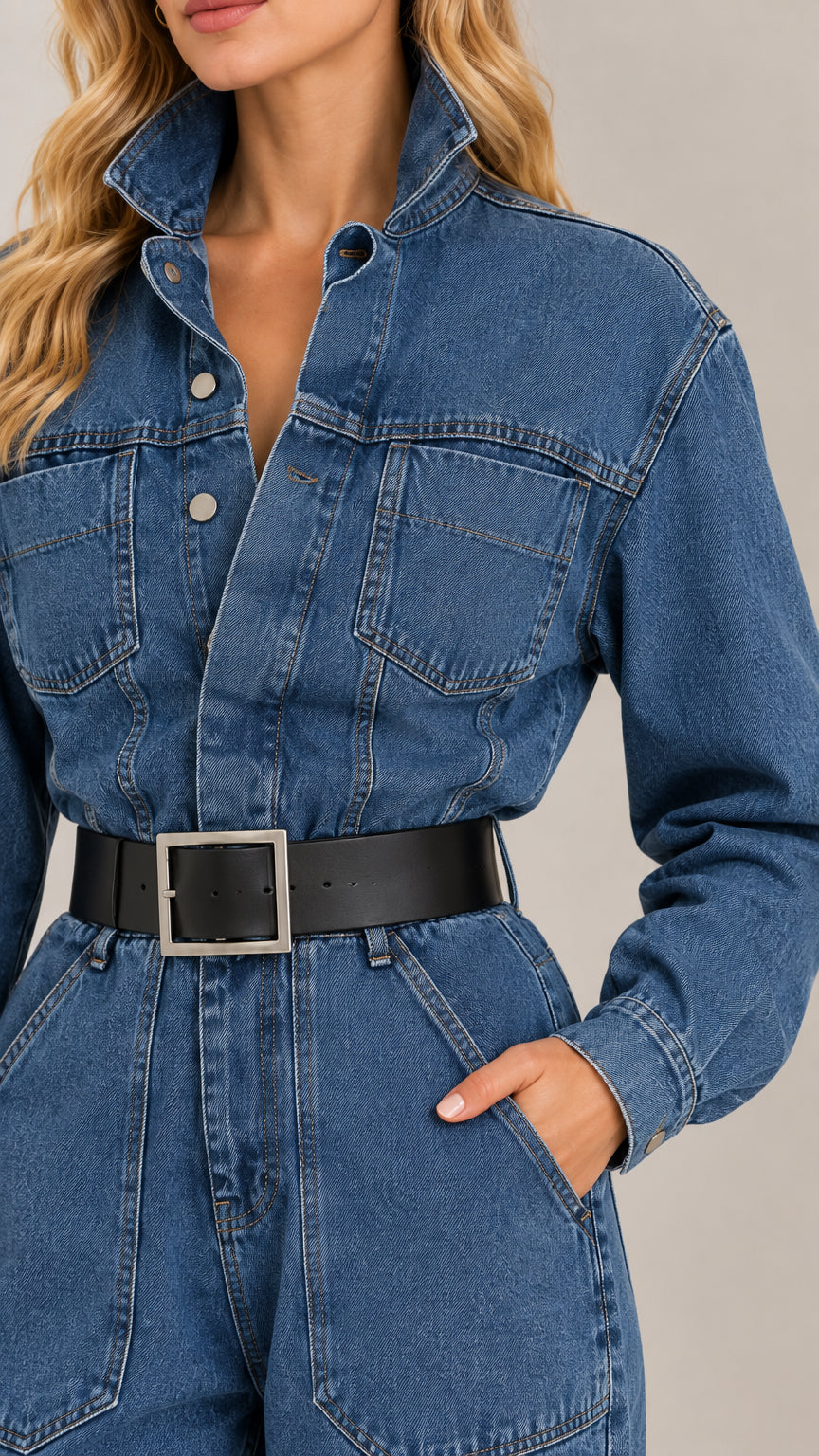 Close-up bodice detail of medium blue denim jumpsuit showing collar, snap buttons, and chest pockets