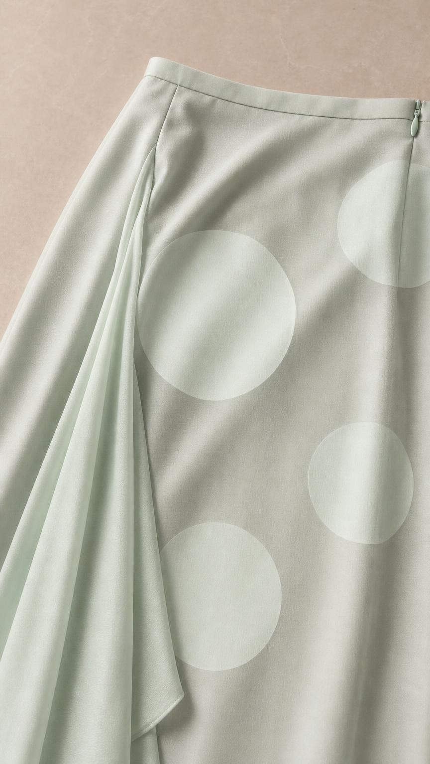 Close up of sage green fabric with tonal polka dot pattern