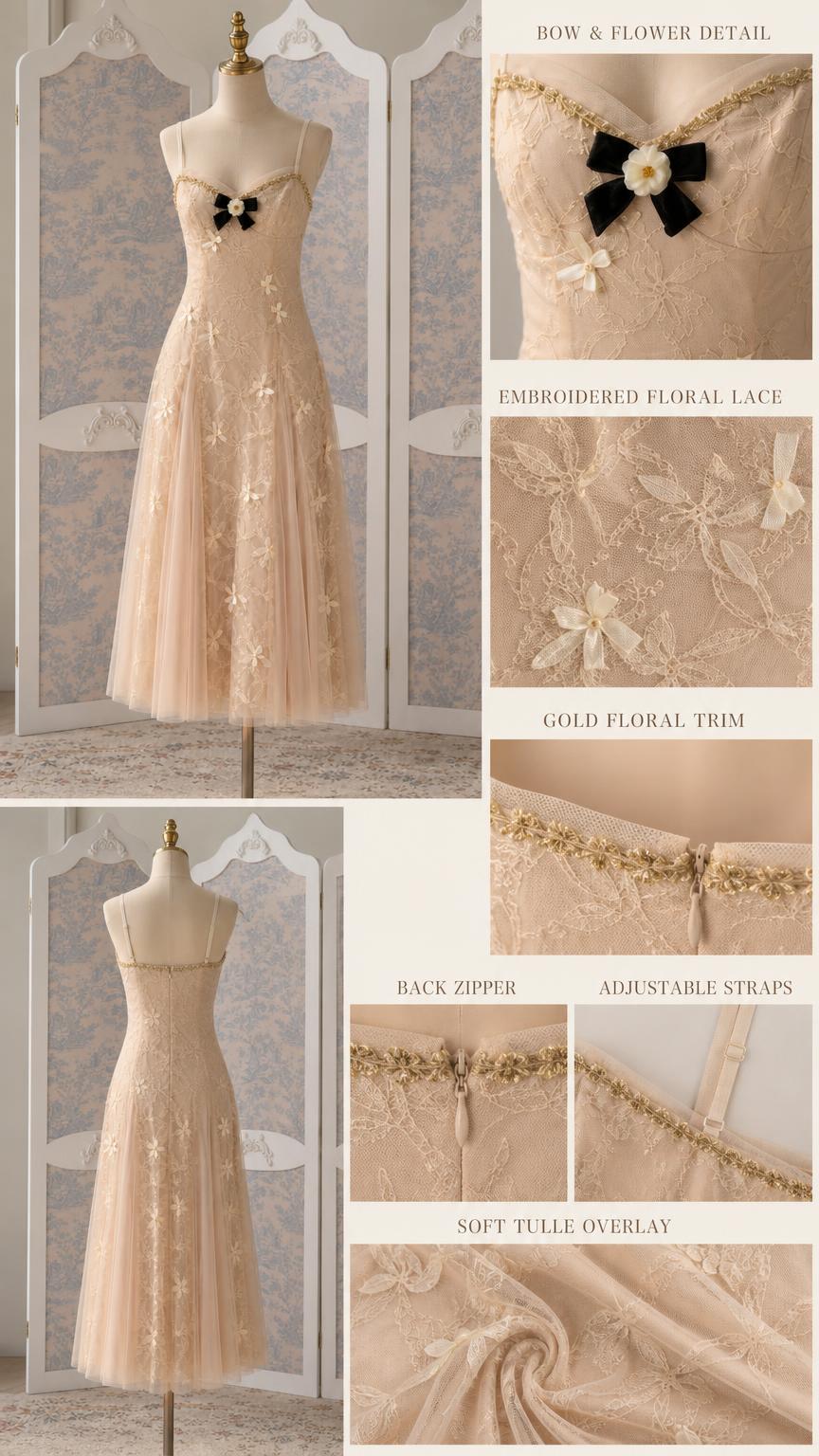 Close-up details of bow, embroidery, trim, and zipper