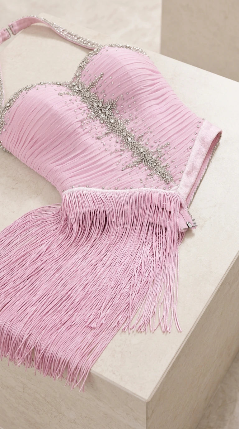 Close-up detail of pleated corset bodice with rhinestone embellishments and fringe