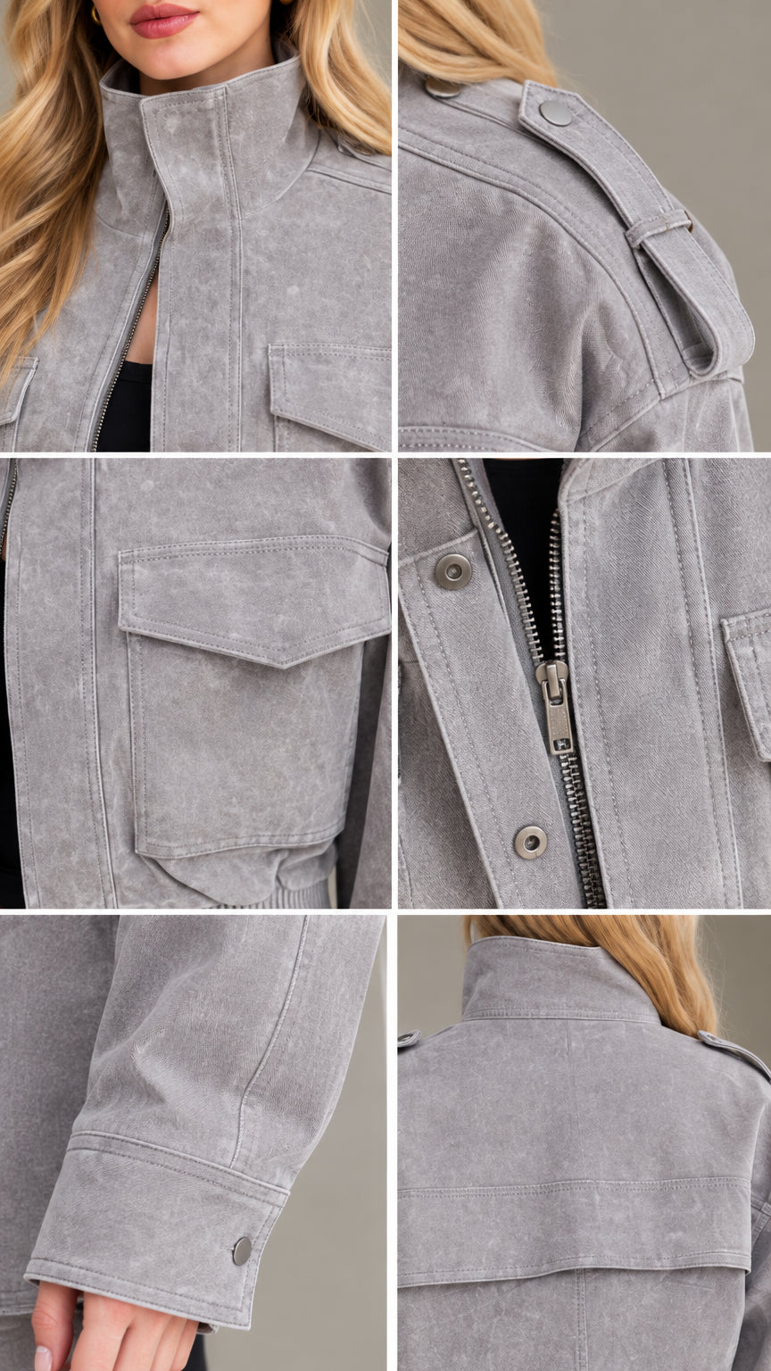 Close-up details of Grey cropped utility jacket showing collar, zipper, snap buttons, and pocket