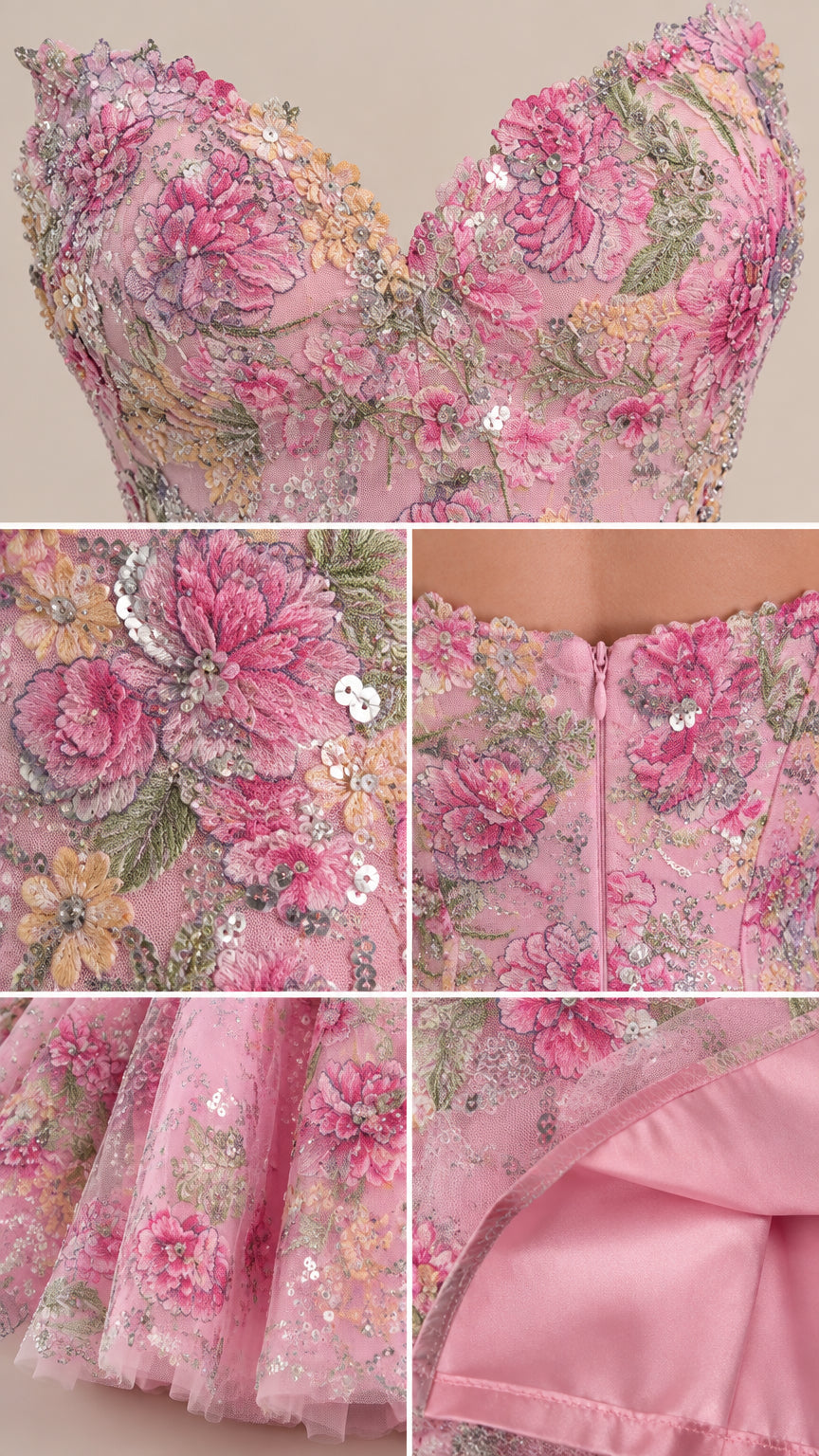 Close-up details of pink floral embroidery, sequin embellishments, and inner lining