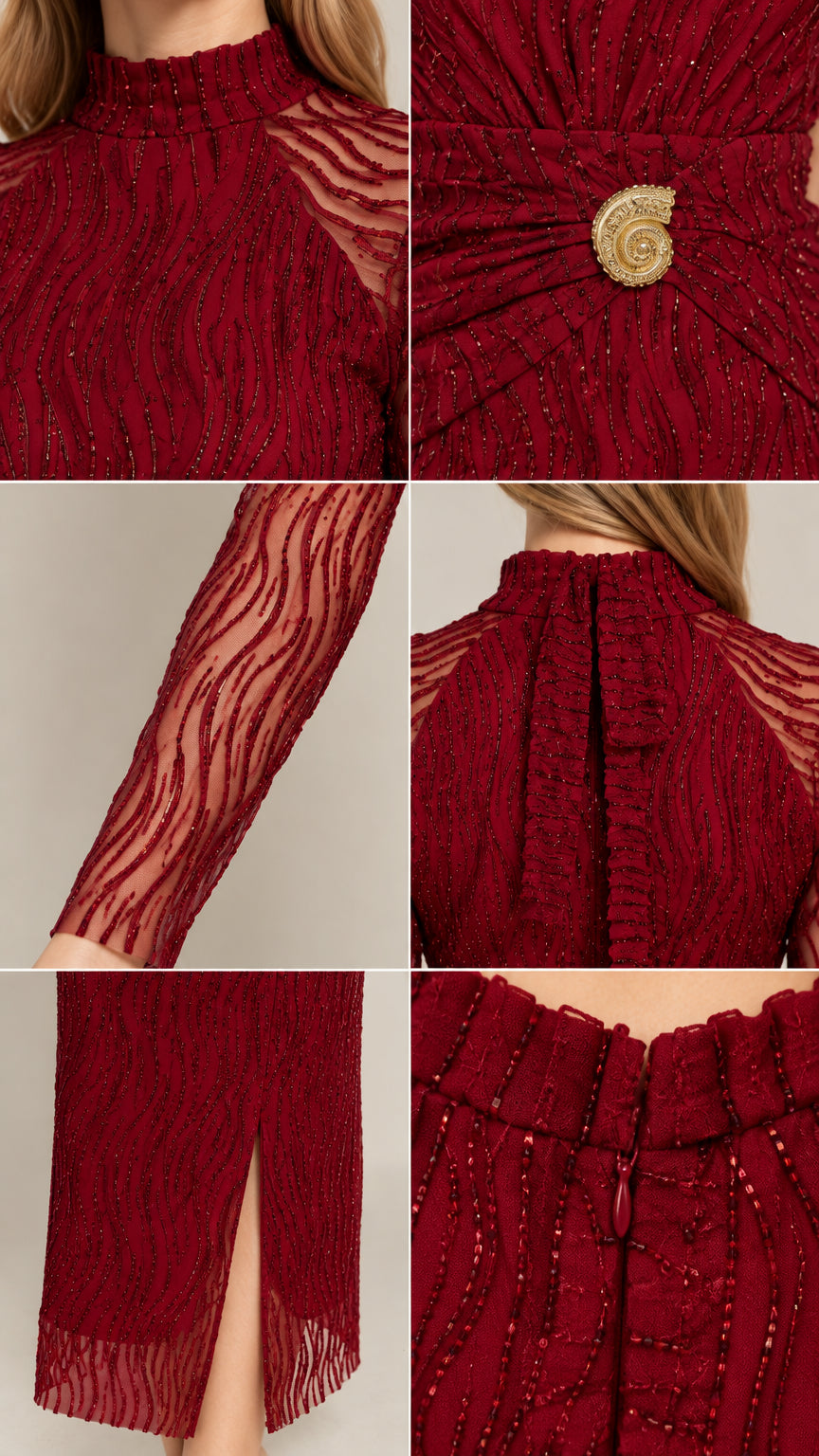 Close-up details of burgundy dress neckline, sheer sleeve, gathered waist ornament, and slit