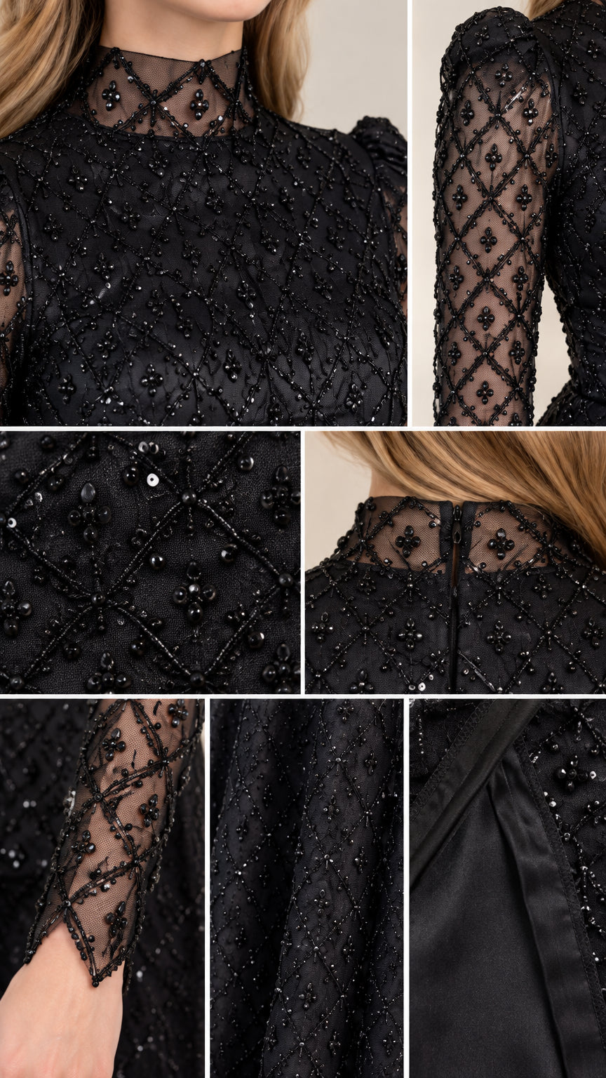 Close-up collage of intricate black beadwork, sheer neckline, and sequin lattice texture