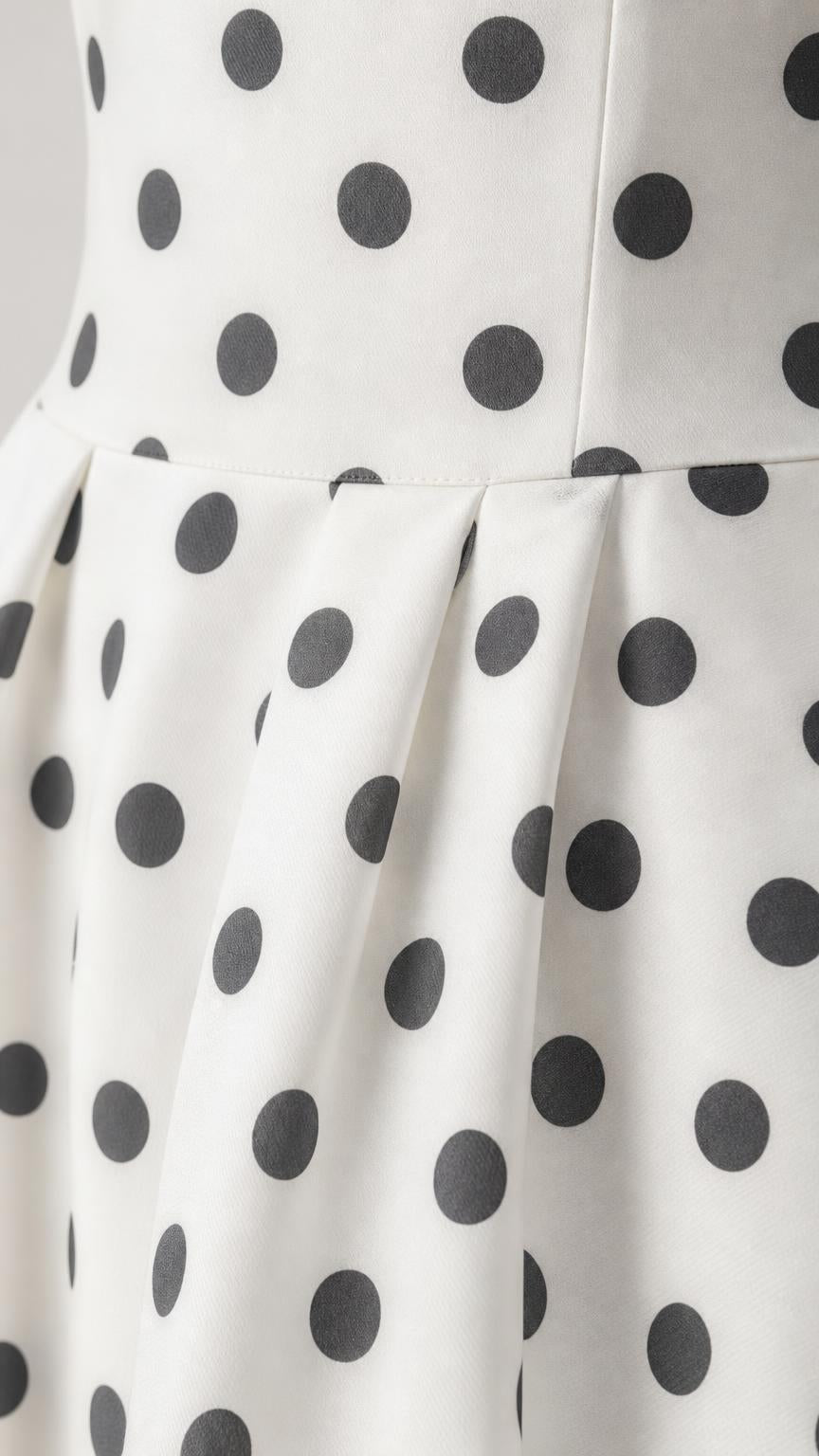 Close up of pleated waist and polka dot fabric detail