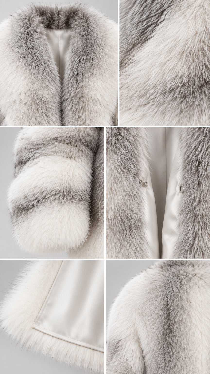 Close-up details of Silver White faux fur texture, lining, and hook closure