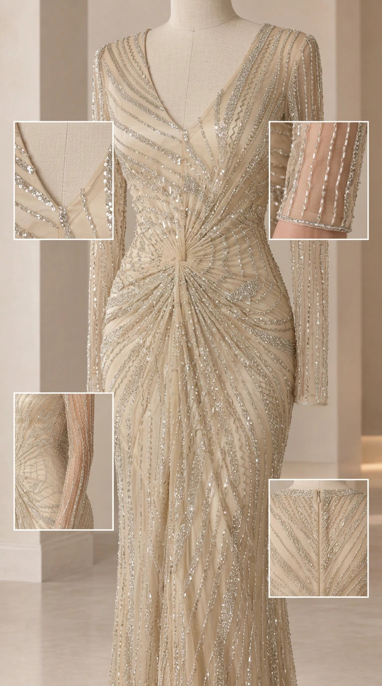 Detailed close-ups of neckline, embellished cuffs, and waist gathering on champagne dress