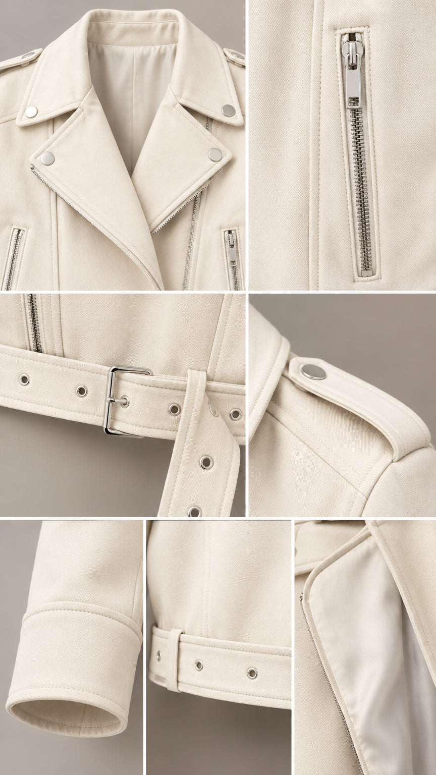 Detailed close-up shots of lapels, metal zipper pockets, cuffs, and belt buckle on cream moto jacket