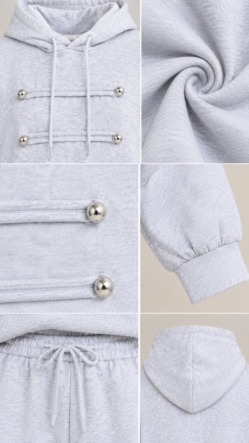 Detailed close-up collage of hoodie drawstrings, decorative bead bars, fabric texture, and cuffs