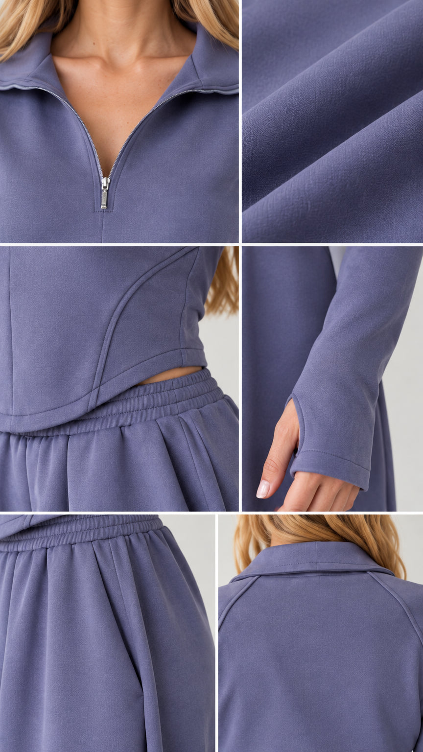Detailed close-up shots of zipper collar, fabric texture, corset curved hem, thumbhole cuff, and pockets