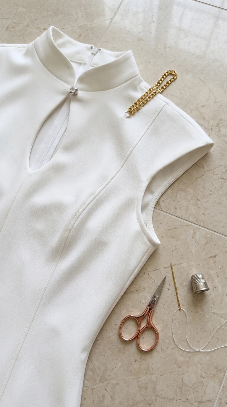 Close-up detail of high collar, keyhole neckline, and craftsmanship on white dress