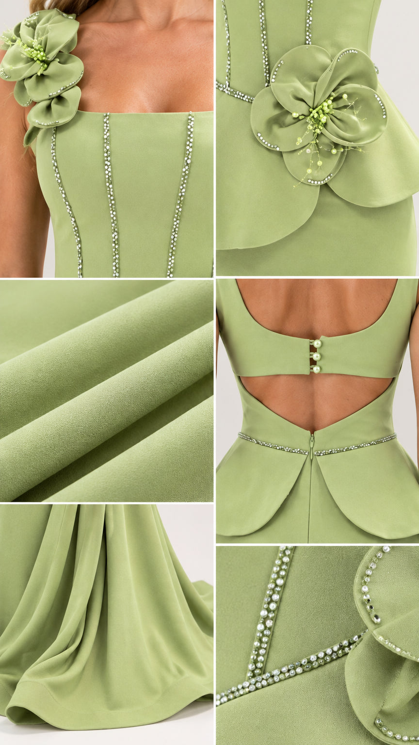 Close-up details of 3D floral shoulder applique, rhinestone boning, and smooth crepe fabric